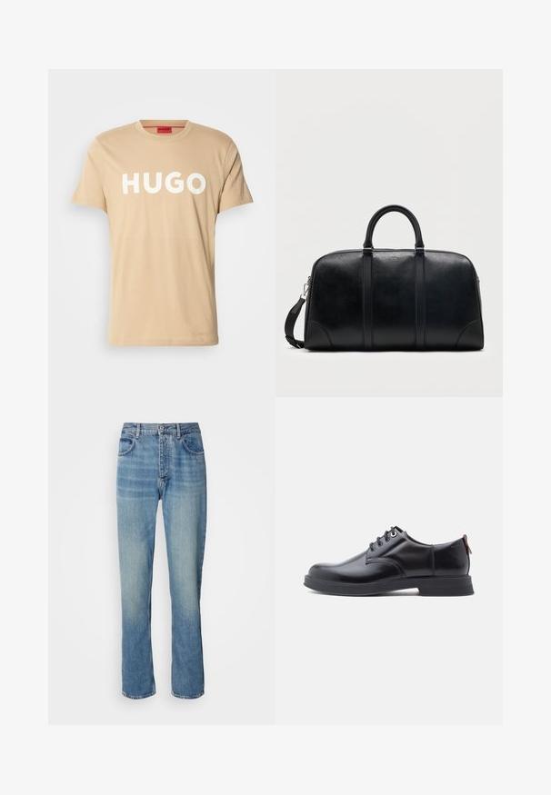 Beige katoenen T-shirt met een ronde hals, korte mouwen en een prominent wit "HUGO" logo aan de voorkant. Soepele textuur, casual ontwerp.; Lichtblauwe rechte spijkerbroek met een hoge taille, een frontknop, ritssluiting en een vijf-pocket ontwerp.; Zwarte leren veter schoenen met een gladde textuur, ronde neus en subtiel stiksel detail. Voorzien van een rode trekband op de hiel.; Zwarte leren duffelbag met dubbele bovenhandgrepen, afneembare schouderriem en een klein "Hugo"-logo centraal geplaatst nabij de bovenste rits.