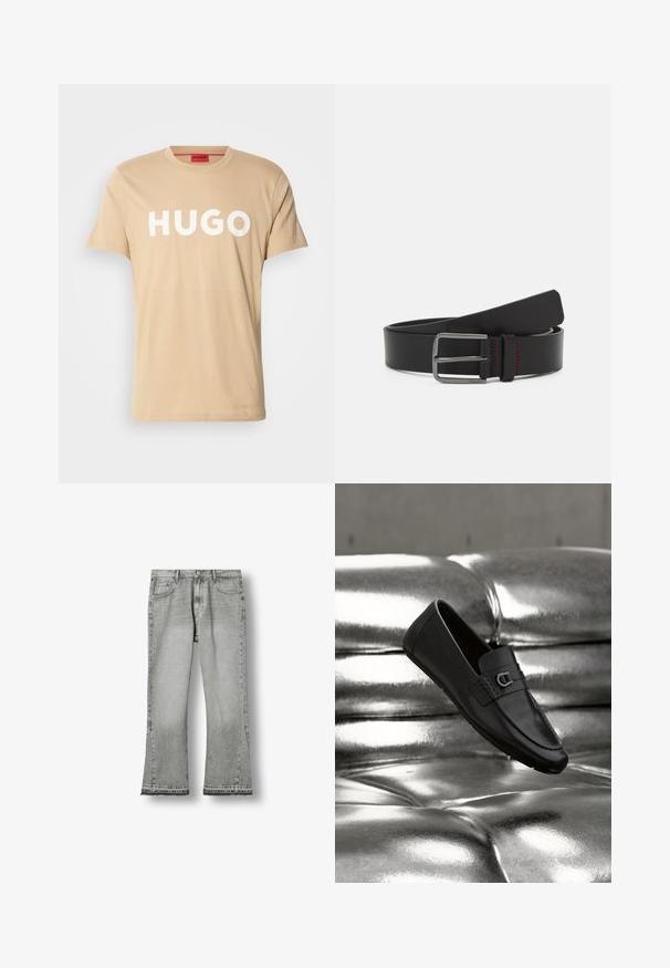 Camiseta de algodón beige con cuello redondo, mangas cortas y un prominente logo blanco "HUGO" en el frente. Textura suave, diseño casual.; Vaqueros grises de pierna ancha con bolsillos delante y detrás, trabillas para el cinturón, cierre de botones y detalle de dobladillo sin rematar.; Mocasín de cuero negro con detalle de hebilla metálica, colocado sobre una superficie metálica brillante con botones acolchados.; Cinturón de cuero negro con un diseño plano, hebilla metálica y detalle de costura roja. Textura suave y extremos redondeados.