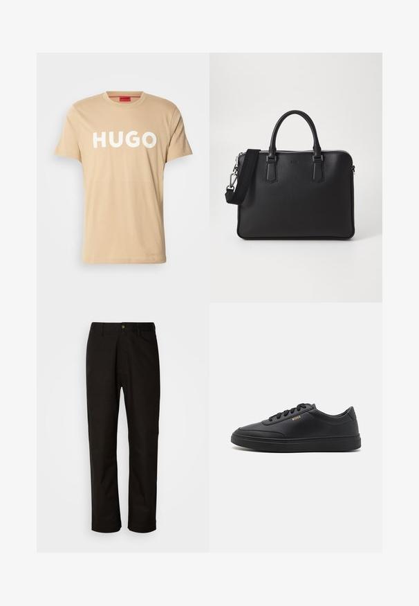 Béžové bavlnené tričko s okrúhlym výstrihom, krátkymi rukávmi a výrazným bielym logom "HUGO" na prednej strane. Hladká textúra, ležérny dizajn.; Čierne bavlnené nohavice v rovnom strihu, s pútkami na opasok, predným zipsom a jedným zapínaním na gombík. Hladká textúra bez viditeľných vzorov.; Čierne kožené tenisky s hladkou textúrou, okrúhlou špičkou, plochou gumovou podrážkou a tónovanými šnúrkami. Obsahujú zlaté logo "BOSS" na boku.; Čierna kožená taška s textúrovaným povrchom, dvojitými rúčkami a odnímateľným ramenným popruhom. Obsahuje strieborné zipsy a minimalistické dizajnové prvky.