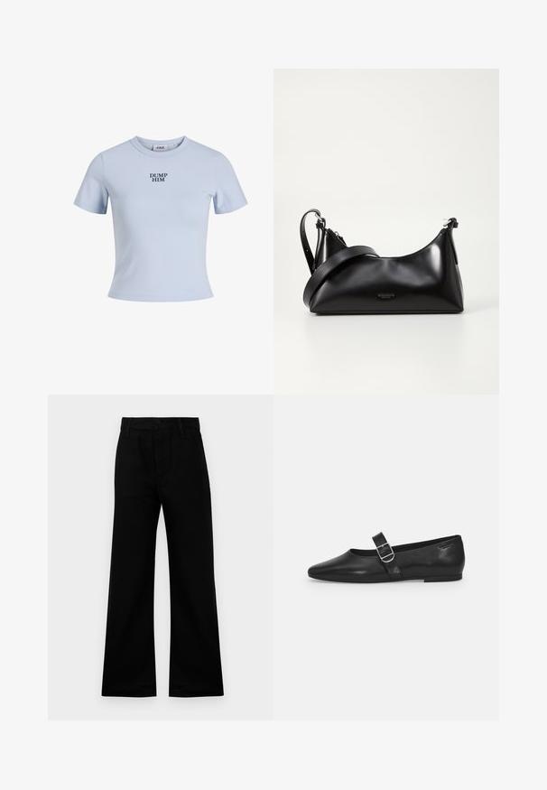 Camiseta de manga corta azul claro hecha de tela suave. Presenta un cuello redondo y el texto "DUMP HIM" impreso en negrita color marino.; Pantalones de pierna ancha negros, confeccionados en una tela suave con una cintura alta, con cierre de botón y trabillas para cinturón, que ofrecen un ajuste estructurado.; Zapato plano de cuero negro con punta redondeada, una sola correa ajustable con hebilla y una textura suave y brillante. Diseño minimalista con un tacón bajo.; Bolso de mano de cuero negro con una textura suave. Cuenta con una correa ajustable y un diseño elegante y minimalista con cierre de cremallera.
