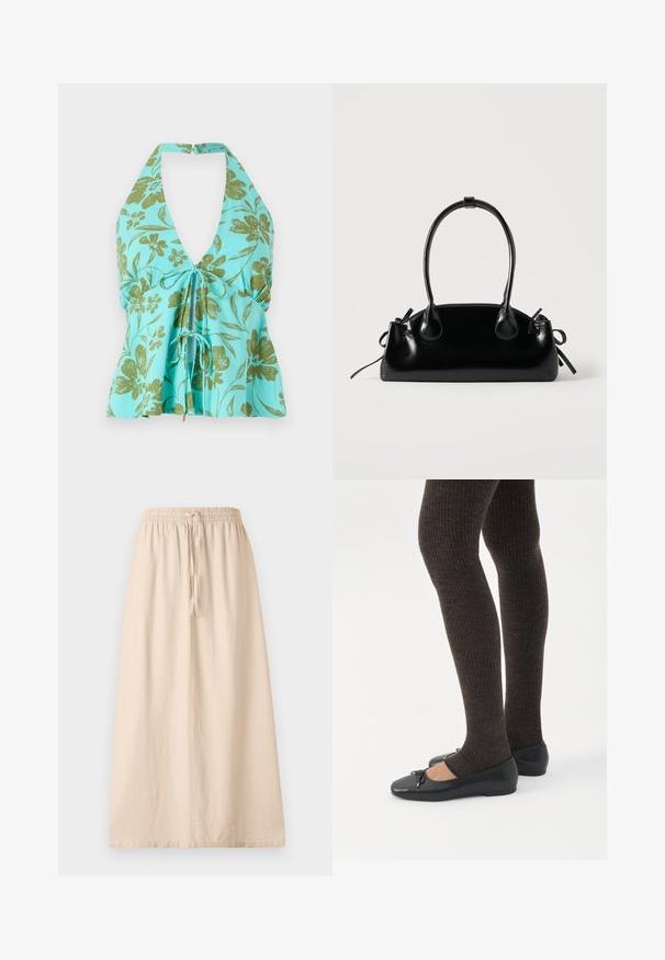 Haut halter floral en turquoise avec imprimé floral vert. Design en V avec un détail de cordon ajustable à l'avant. Tissu léger.; Jupe beige longueur cheville en tissu léger avec une taille élastique et un lien ajustable. Présente une silhouette droite et décontractée.; Jambes portant des leggings côtelés foncés associés à des ballerines noires avec de petits détails en nœud sur fond blanc.; Petit sac à main noir brillant avec deux longues anses et des détails à cordon sur les côtés sur un fond clair uni.