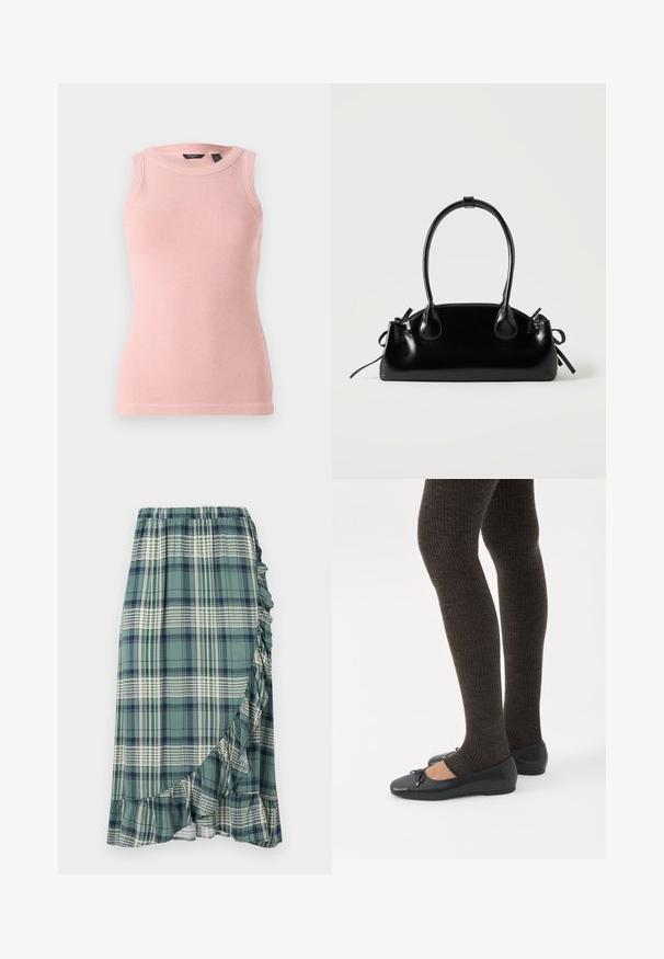 Débardeur en tricot léger rose clair sans manches avec un motif texturé, encolure ronde et bords côtelés. Design simple et ajusté.; Jupe à carreaux en vert et marine, avec un ourlet froncé et une taille élastique. Le tissu a une texture lisse avec différents motifs à carreaux.; Jambes portant des leggings côtelés foncés associés à des ballerines noires avec de petits détails en nœud sur fond blanc.; Petit sac à main noir brillant avec deux longues anses et des détails à cordon sur les côtés sur un fond clair uni.