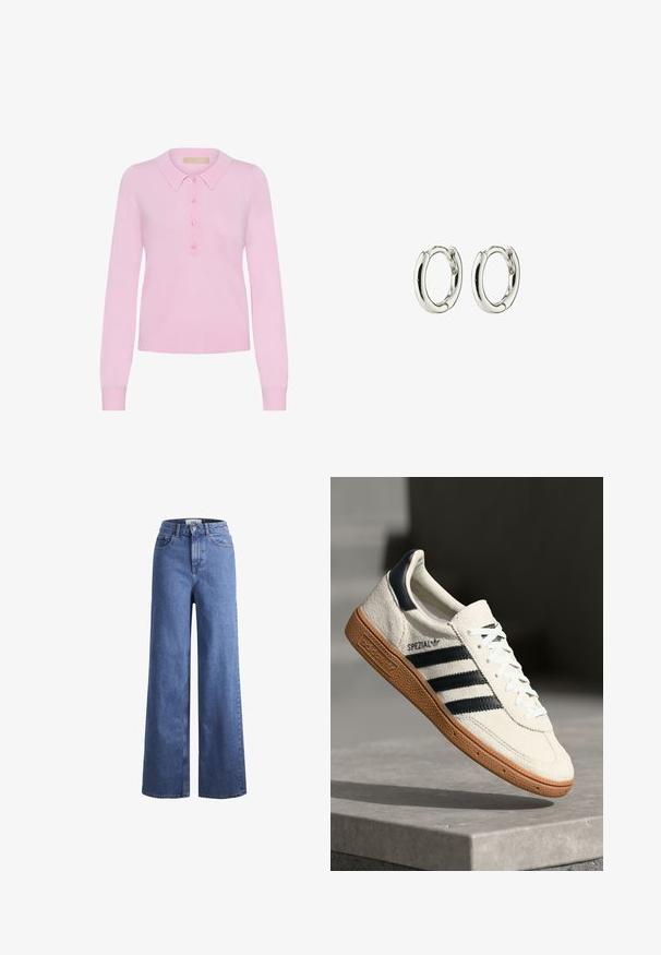 Suéter de polo de manga larga tejido en rosa con cuello, que presenta una tapeta de cinco botones y un dobladillo acanalado. Textura suave, diseño ajustado.; Jeans de mezclilla de tiro alto, de pierna ancha, en azul claro, con dos bolsillos delanteros y costuras visibles. Cuentan con un cierre de botón y cremallera.; Zapatilla de ante blanca con franjas en azul marino, suela de goma, parte superior texturizada, puntera redonda y cordones; presenta una marca en el lateral y en la lengüeta.; Pendientes de aro de plata con un acabado suave y brillante. Forma redondeada con un cierre seguro. Diseño minimalista que presenta un sutil detalle retorcido.