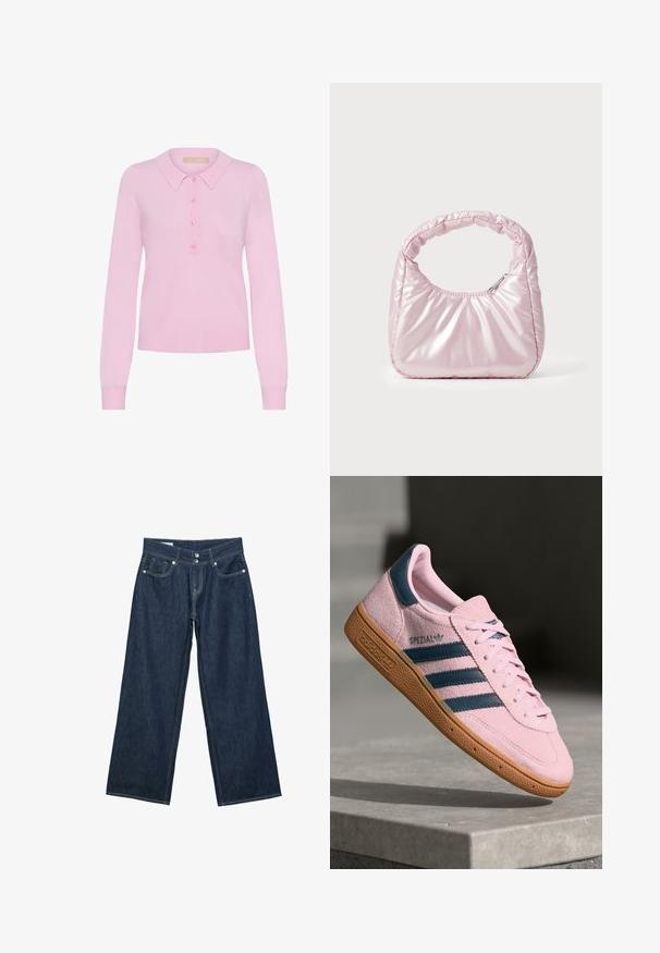 Rosa strikket langærmet polo sweater med krave, der har en fem-knaps placket og ribbet kant. Blød tekstur, tætsiddende design.; Mørkeblå vidde jeans i denim med dobbelt knaplukning, forlommer og kontrastsyning på hvid baggrund.; Lyserød ruskindssneaker med marineblå tre striber, gummisål og lyserøde snørebånd. Har "SPEZIAL"-branding på siden.; Rosa, polstret håndtaske med afrundet design, lavet af skinnende materiale. Har et samlet håndtag og en lynlås til sikker adgang.