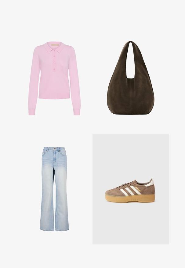 Rosa strikket langærmet polo sweater med krave, der har en fem-knaps placket og ribbet kant. Blød tekstur, tætsiddende design.; Lyseblå denim flared jeans med høj talje, der har fem lommer, en knaplukning foran og subtilt slid for ekstra tekstur.; Brun ruskindsneaker med tre hvide striber, gylden branding og en struktureret gummisål. Rundet tå og polstret krave for komfort.; Blød, mørkebrun ruskind hobo-taske med en bred enkelt strop og rundet bund på hvid baggrund.