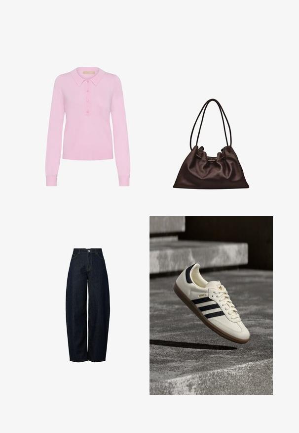 Roze gebreide lange mouw polo trui met een kraag, voorzien van een knoopsluiting met vijf knopen en een ribgebreide zoom. Zachte textuur, aansluitend ontwerp.; Wijde donkerblauwe denim jeans met een hoge taille, afgewerkt met contrasterende oranje stiksels en een knoopsluiting aan de voorkant.; Witte Adidas Samba sneaker met zwarte strepen en gumzool, zwevend boven gestructureerde grijze betonnen treden.; Zachte donkerbruine leren handtas met een slungelige vorm en twee dunne schouderbandjes tegen een witte achtergrond.
