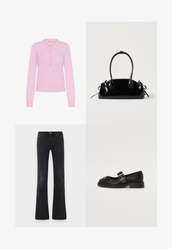 Rosa strikket langærmet polo sweater med krave, der har en fem-knaps placket og ribbet kant. Blød tekstur, tætsiddende design.; Sorte flagrende jeans lavet af denim, med et klassisk fem-lomme design, knaplukning og subtile sømdetaljer.; Sort læder Mary Jane-sko med rund tå, ankelrem og sølv spænde detalje. Har en flad, chunky sål og en sløjfe akcent.; Lille sort blank håndtaske med to lange håndtag og snøre-detaljer i siden på en ensfarvet lys baggrund.