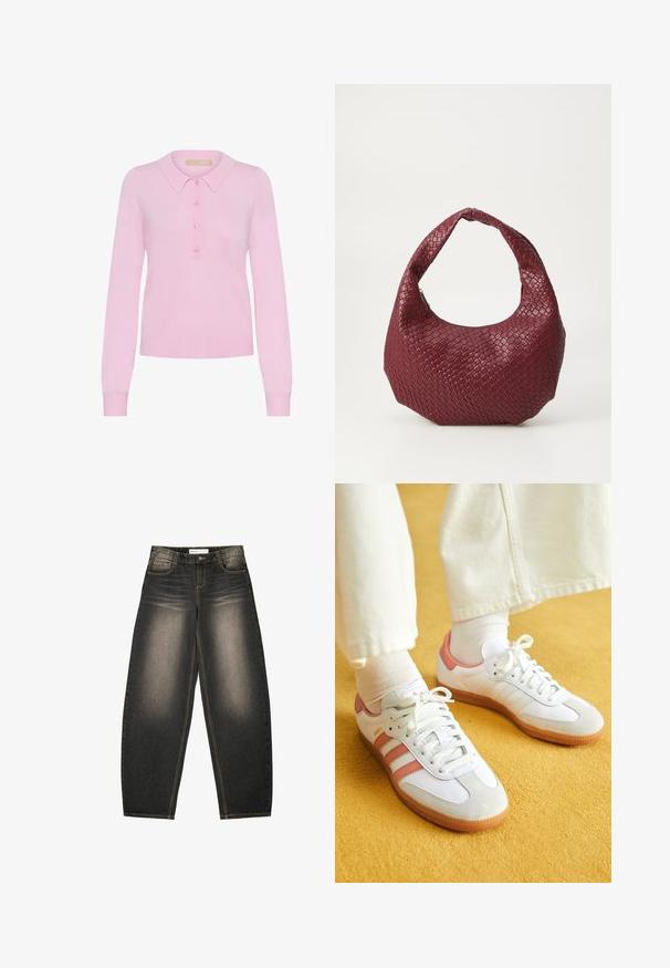 Rosa strikket langærmet polo sweater med krave, der har en fem-knaps placket og ribbet kant. Blød tekstur, tætsiddende design.; Grå denim bredbenede jeans med let lysning, fem lommer, kontraststing og en afslappet pasform. Ingen synlige mønstre eller udsmykninger.; Hvide sportsko med lyserøde accenter, lavet af ruskind og læder, rund tå og gummisål, vist med lyse sokker på en gul baggrund.; Vævet bordeaux håndtaske med en rund silhuet, et enkelt håndtag og en tekstureret overflade. Lynlåslukning øverst.