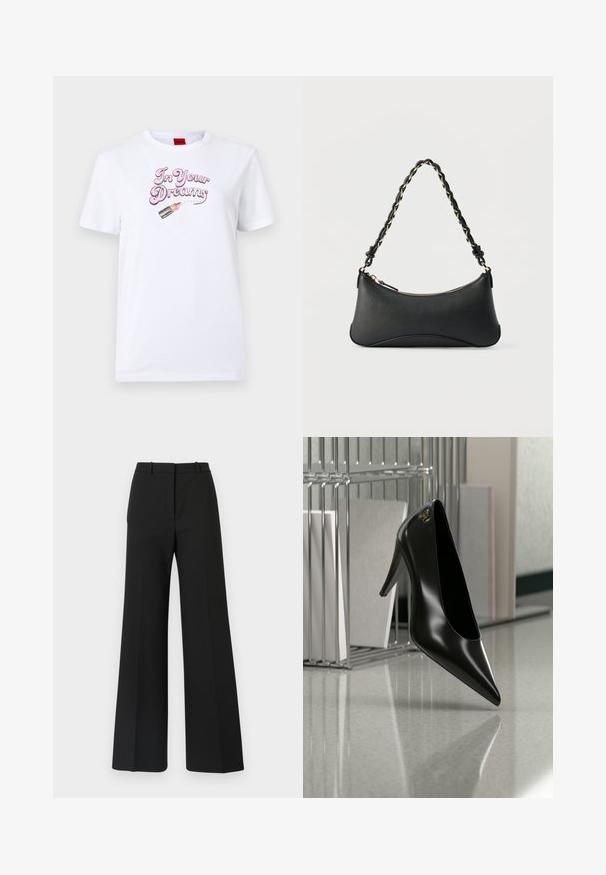 Weißes Baumwoll-T-Shirt mit dem Spruch "In Your Dreams" in rosa Schrift und einer Grafik eines Lippenstiftes mit rosanen Akzenten.; Schwarze weite Hosen mit maßgeschneidertem Design, das eine glatte Textur und subtile Falten an der Vorderseite aufweist. Keine sichtbaren Beschläge oder Muster.; Schwarzer High-Heel-Schuh mit spitzer Zehe und goldem Logo, auf einer reflektierenden Oberfläche nahe einem verchromten Draht-Organizer mit Dokumenten positioniert.; Schwarze Lederschultertasche mit gewölbter rechteckiger Form, goldener Kette, die in den geflochtenen schwarzen Riemen eingewebt ist, und Reißverschlussverschluss oben.