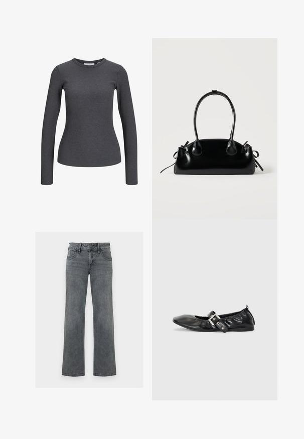 Langærmet, ribbet top i mørkegrå. Har en rund halsudskæring og tætsiddende silhuet. Fremstillet af et strækbart stof for komfort.; Grå denimjeans med lige ben, lynlås og knap foran samt fem-lomme-design, vist mod en hvid baggrund.; Sorte læder flade sko med spids tå, samling detaljer omkring åbningen, og en sølv spænde accent på den justerbare rem.; Lille sort blank håndtaske med to lange håndtag og snøre-detaljer i siden på en ensfarvet lys baggrund.