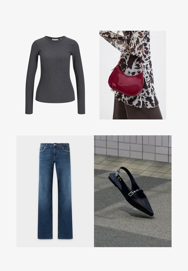 Langærmet, ribbet top i mørkegrå. Har en rund halsudskæring og tætsiddende silhuet. Fremstillet af et strækbart stof for komfort.; Mørkeblå jeans med lige ben, fem lommer, lukning med metal-knap og små sølvnitter langs forkantene af forlommerne.; Sort flad slingback med spids tå og dobbelte spænder, hvilende på grå asfalt nær flisevæg.; Kvinde iført en sort- og hvidmønstret bluse, der holder en blank rød skuldertaske mod en ensfarvet baggrund.