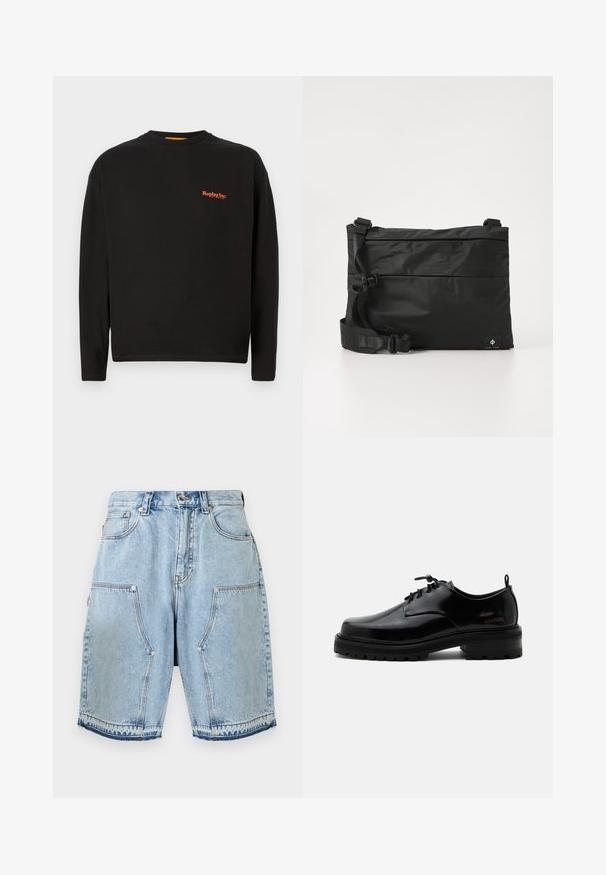 Sort langærmet t-shirt lavet af bomuld, der har et lille orange "Replay Inc." logo på brystet, med rund halsudskæring og almindelig pasform.; Lyseblå denimshorts med høj talje, frontknap og lynlås, store skrå forlommer og synlige syningsdetaljer.; Sort poleret læder snørestøvle med tyk gummisål og lav hæl, sideskilt med mærketekst "SAMSOE" og bageste træksnor.; Sort nylon messenger-taske med justerbar rem, fladt design og et sideetiket med et logo. Glat tekstur og minimalistisk stil.