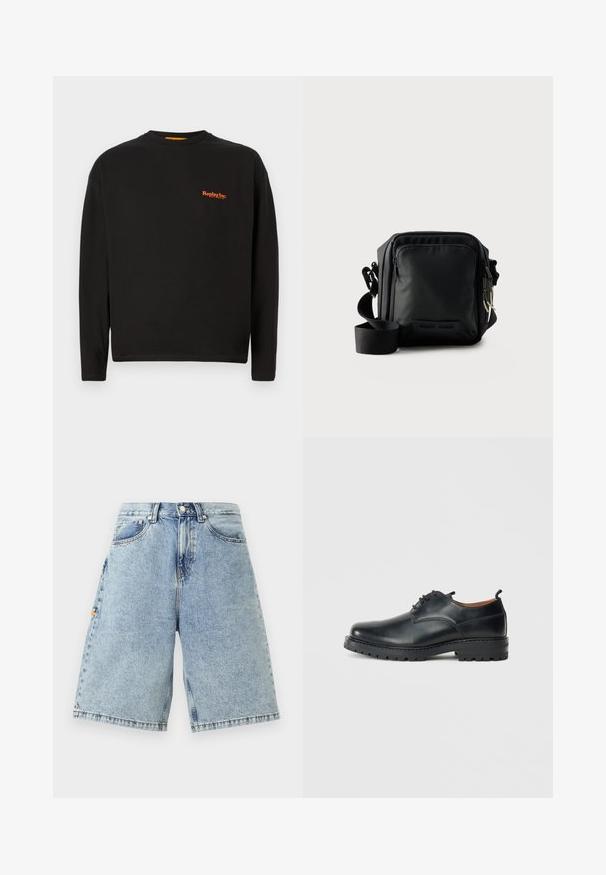Sort langærmet t-shirt lavet af bomuld, der har et lille orange "Replay Inc." logo på brystet, med rund halsudskæring og almindelig pasform.; Blå denim shorts med høj talje, løs pasform, fem lommer og synlige sy-detaljer. Glat tekstur med en lys vaskefinish.; Sorte læder derby-sko med en glat overflade, rund tå, snøre-design og en tyk, robust gummisål.; Sort kompakt crossbody taske med front lynlåslomme, justerbar rem og tekstureret stof mod en ensfarvet baggrund.