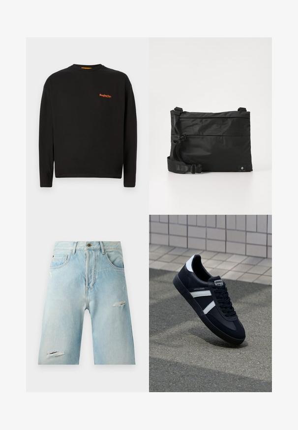Camiseta negra de manga larga hecha de algodón, con un pequeño logo naranja de "Replay Inc." en el pecho, cuello redondo y ajuste estándar.; Pantalones cortos de mezclilla azul claro con un corte relajado, que presentan detalles desgastados, bolsillos laterales y un solo cierre con botón en la parte superior.; Zapatilla de cuero negra con rayas blancas, suela de goma texturizada y parte frontal con cordones. Cuenta con una etiqueta de marca en la lengüeta.; Bolso mensajero de nylon negro con correa ajustable, diseño plano y una etiqueta lateral con un logo. Textura suave y estilo minimalista.