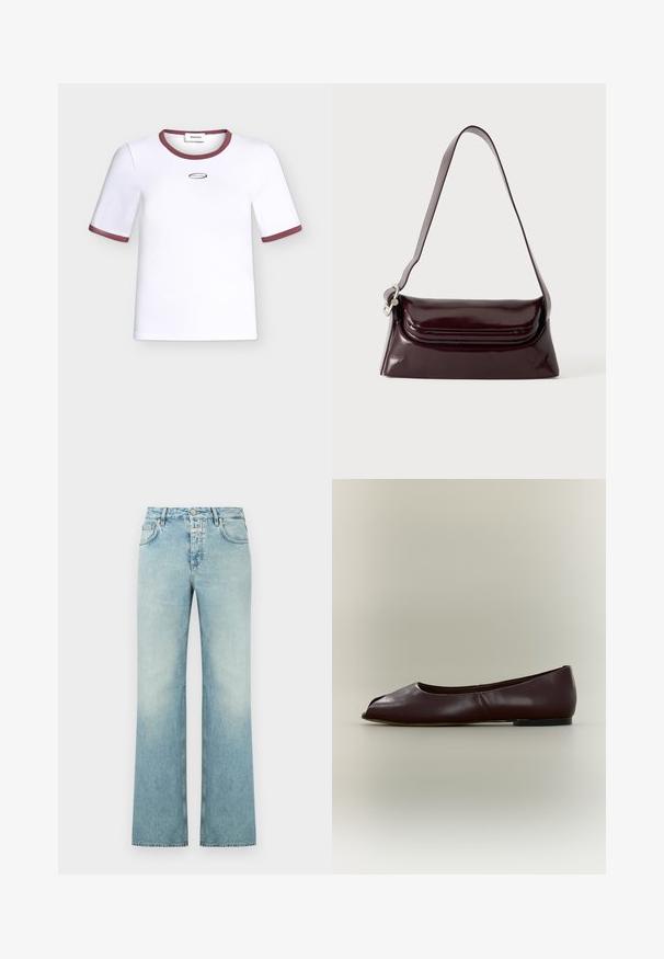 T-shirt blanc à manches courtes avec bordure bordeaux sur le col et les bords des manches, ornée d'un petit logo ovale avec texte sur la poitrine.; Jean large en denim bleu clair avec une finition délavée, doté d'une fermeture à boutons, de cinq poches et d'une coupe droite.; Chaussure plate en cuir marron foncé avec bout ouvert et petit talon sur fond clair uni.; Sac à bandoulière en cuir bordeaux foncé avec fermeture à rabat et une fine sangle réglable, présenté sur un fond clair uni.