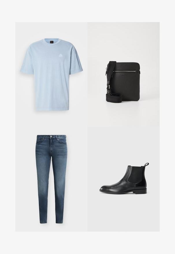 Lyseblå bomulds T-shirt med rund hals, korte ærmer og et lille hvidt logo på venstre brystområde. Blødt materiale og afslappet pasform.; Blå denim skinny jeans med forlommer, bæltestropper og lukning med knap og lynlås.; Sorte læder ankelstøvler med elastiske sidepaneler, rund tå og en trækloft. Glat tekstur, flad sål, minimalistisk design.; Sort læder crossbody taske med en tekstureret overflade, lynlåslomme foran og en justerbar stofrem. Enkel firkantet design.