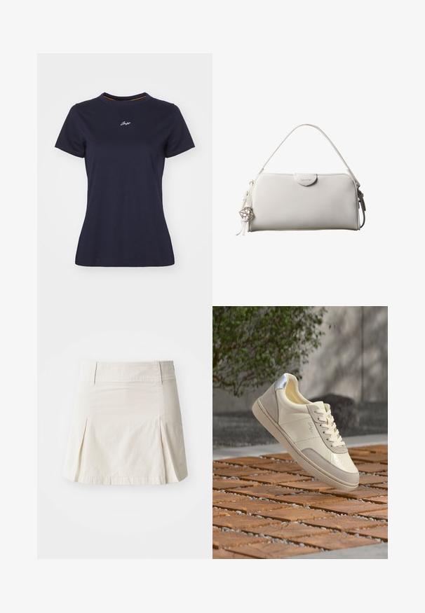 T-shirt en coton bleu marine avec un col rond, des manches courtes et un petit logo brodé blanc sur la poitrine. Texture lisse.; Jupe en coton beige clair avec une taille ajustée, un design plissé et un ourlet droit, présentant une texture lisse et sans éléments métalliques visibles.; Baskets beige et crème avec détail argenté au talon, lacets noués, positionnées au-dessus d'une surface en bois carrelée avec un arrière-plan flou de verdure et un mur.; Sac à main rectangulaire blanc Calvin Klein avec une seule poignée, design minimaliste et pampilles décoratives avec un charm métallique géométrique sur le côté.