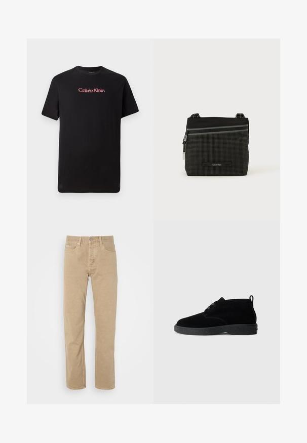 Sort kortærmet t-shirt lavet af bomuld, med et centralt Calvin Klein-logo i rød og hvid, med rund halsudskæring og afslappet pasform.; Beige bomuldsbukser med lige ben, der har forlommer, knaplukning og diskrete syninger langs sømmene.; Sorte ruskindsankelstøvler med rund tå, snørebåndsdesign, sort gummisål og en sløjfe bag på for nem påtagning.; Sort og grå Calvin Klein crossbody taske med ternet mønster, lynlåslomme foran og justerbar rem på hvid baggrund.