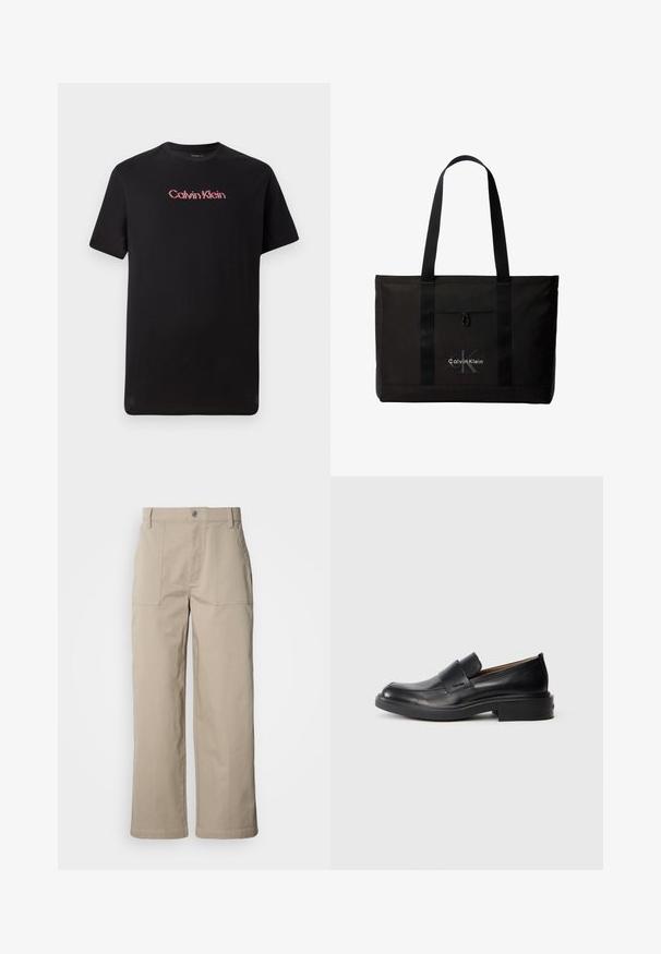 Zwarte T-shirt met korte mouwen, gemaakt van katoen, met een centraal Calvin Klein-logo in rood en wit, voorzien van een ronde hals en een ontspannen pasvorm.; Beige wijde broek van katoen; voorzien van voorzakken met klep, een knoopsluiting en zichtbare stiknaden langs de zoom.; Zwarte leren instap schoenen met een lage hak en subtiel Calvin Klein-logo aan de zijkant, weergegeven in profiel op een witte achtergrond.; Zwarte Calvin Klein totebag met twee lange handvatten en een voorvak, met het logo van het merk in wit en grijs.