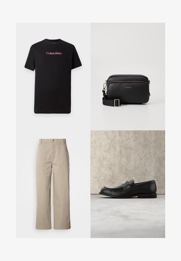 Zwarte T-shirt met korte mouwen, gemaakt van katoen, met een centraal Calvin Klein-logo in rood en wit, voorzien van een ronde hals en een ontspannen pasvorm.; Beige wijde broek van katoen; voorzien van voorzakken met klep, een knoopsluiting en zichtbare stiknaden langs de zoom.; Zwarte leren loafer met een metalen merktekenplaatje, rustend bij een bruine ronde tafel op een beige tapijtvloer.; Zwarte leren schoudertas met twee ritscompartimenten, gestructureerd afwerking, verstelbare schouderband en zilveren hardware-accenten. Calvin Klein-logo zichtbaar.