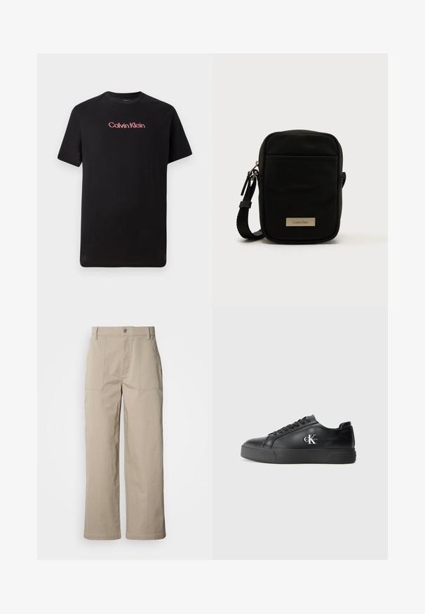 Schwarzes T-Shirt mit kurzen Ärmeln aus Baumwolle, das ein zentrales Calvin Klein-Logo in Rot und Weiß aufweist, mit Rundhalsausschnitt und lässiger Passform.; Beige Hosen mit weitem Bein aus Baumwolle; mit vorderen aufgesetzten Taschen, einem Knopfverschluss und sichtbaren Nähten entlang der Säume.; Schwarze Ledersneaker mit abgerundeter Zehenpartie, flacher schwarzer Sohle und tonaler Schnürung. Mit einem silbernen Logo an der Seite, durchgehend glatte Textur.; Schwarze, strukturierte Nylon-Umhängetasche mit rechteckiger Form, ausgestattet mit einer Vorderreißverschlusstasche und einer Metall-Logoplatte. Verstellbarer Riemen inklusive.