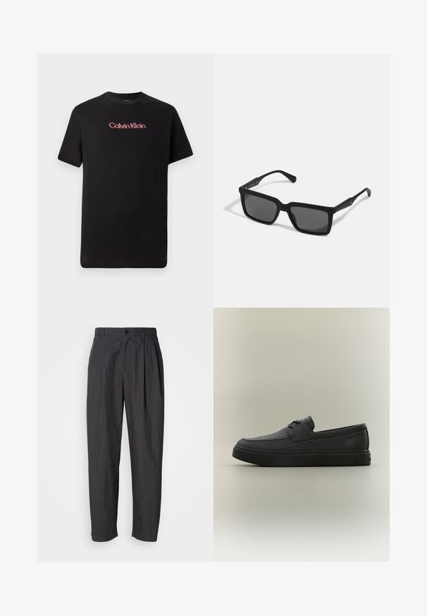 Camiseta de manga corta negra de algodón, con un logo central de Calvin Klein en rojo y blanco, con cuello redondo y corte relajado.; Pantalones rectos de color gris oscuro con pasadores para cinturón, cierre frontal con botón y bolsillos laterales sobre un fondo claro liso.; Mocasín casual negro de cuero con detalles de cordones y suela gruesa de goma, visto de lado sobre un fondo neutro.; Gafas de sol negras con lentes rectangulares, acabado mate, montura gruesa y brazos delgados con un discreto detalle de marca.