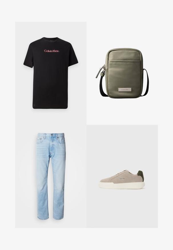 Camiseta de manga corta negra de algodón, con un logo central de Calvin Klein en rojo y blanco, con cuello redondo y corte relajado.; Vaqueros de mezclilla azul claro con corte recto, con secciones desgastadas, diseño de cinco bolsillos y cierre de botones clásico.; Zapatillas de piel de ante beige con suela de goma blanca, que presentan un acento en el talón de color verde oscuro y un sutil logo en el lateral.; Bolso bandolera compacto verde oliva con bolsillo frontal, correa negra ajustable, cierre de cremallera y placa con el logo de Calvin Klein.