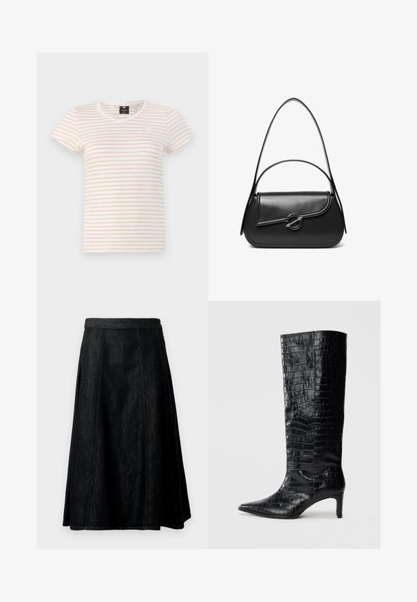 Kurzarm-T-Shirt in Creme mit horizontalen, hellrosa Streifen. Hat einen V-Ausschnitt und ein kleines Logo auf der Brust. Aus Baumwollstoff.; Schwarzer Denim-A-Linien-Rock mit taillierter Taille, fließender Silhouette, sichtbaren Nähten und knielangem Saum. Keine Taschen oder Verzierungen.; Schwarze kniehohe Stiefel mit glänzender, krokodilgeprägter Textur, spitzer Zehenpartie und schmalem Absatz. Glattes synthetisches Material.; Schwarze Lederschultertasche mit einer geschwungenen Klappe, die durch einen runden Metallverschluss gesichert ist, und einem schlanken, verstellbaren Riemen.