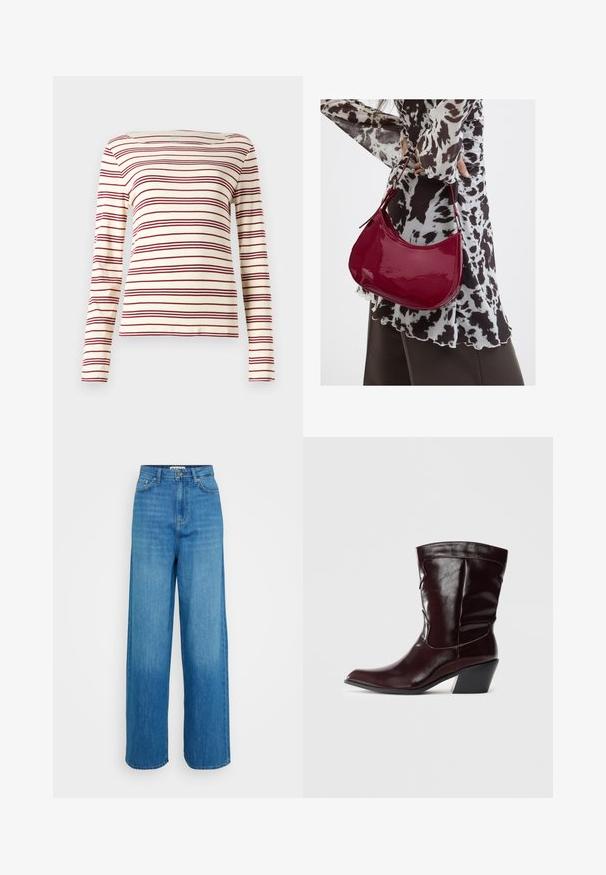 Langærmet top i creme med maroon vandrette striber; bådudskæring; blødt stof; tætsiddende design med let stræk.; Blå højtaljede vide jeans med frontknap og lynlås, for- og baglommer samt stikninger i kanten på en hvid baggrund.; Bordeaux læder ankelstøvler med spids tå, tekstureret overflade og en lav, taperet hæl. Har diskrete søm og en tætsiddende pasform.; Kvinde iført en sort- og hvidmønstret bluse, der holder en blank rød skuldertaske mod en ensfarvet baggrund.