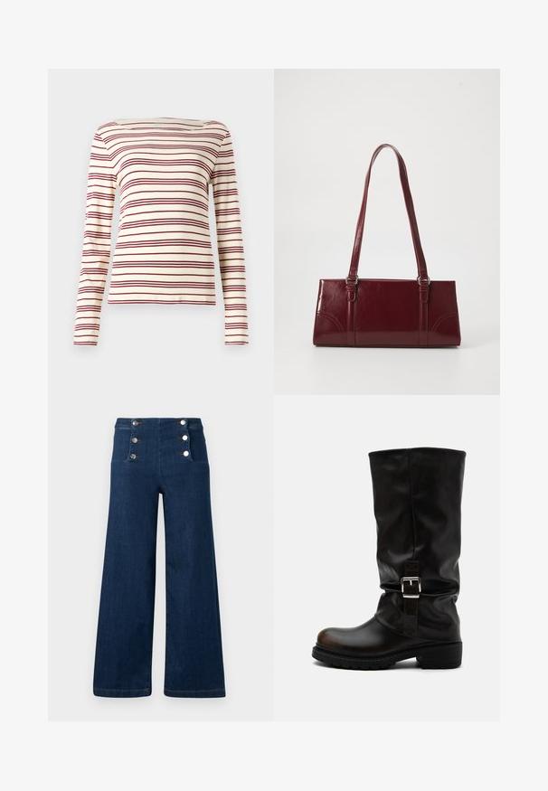 Langærmet top i creme med maroon vandrette striber; bådudskæring; blødt stof; tætsiddende design med let stræk.; Vidtbens mørkeblå denim bukser med høj talje og to lodrette rækker sølvknapper foran.; Høj sort læderstøvle med rund tå, lav hæl, sidelukningsrem og let slapt skaft på hvid baggrund.; Bordeaux håndtaske lavet af glansfuldt materiale, rektangulær form, med to skulderremme og subtile buede detaljer på forsiden.