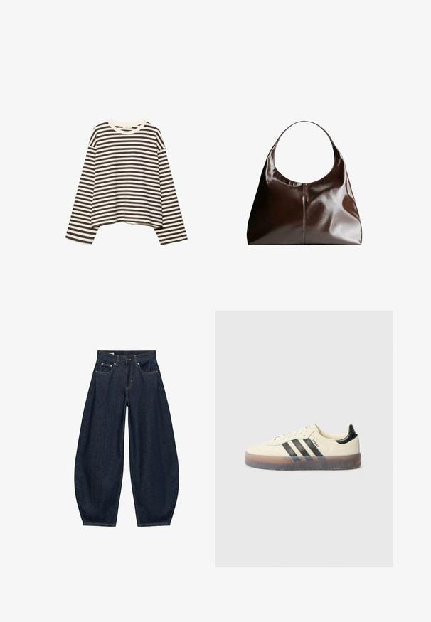 Langærmet cropped skjorte med sorte og hvide horisontale striber og rund halsudskæring, vist på en hvid baggrund.; Mørkeblå vidde jeans med frontlommer, bæltestropper og knaplukning i taljen.; Beige sneakers med tre sorte striber, rund tå, tekstureret gummisål og glat overdel. Har polstret hæl og minimal branding.; Brun læder hobo taske med en rund top, glat tekstur og diskrete sømdetaljer. Stropperne er brede og buede for komfort.