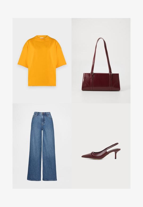 Gele oversized T-shirt van zacht materiaal, met een ronde hals en korte mouwen, afgewerkt in een gladde, effen kleur.; Wijde jeans in mediumblauwe denim met een hoge taille, riemlussen en knoopsluiting. Gladde textuur met minimale stikdetails.; Bordeauxkleurige leren slingback kittenheel met puntige neus en kleine strikdetail bovenop, afgebeeld op een witte achtergrond.; Bourgondische handtas van glanzend materiaal, rechthoekige vorm, met twee schouderbanden en subtiele gebogen accenten aan de voorkant.
