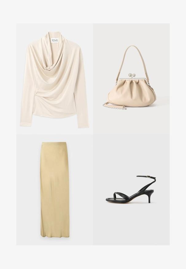 Top beige drapeado con mangas largas, diseño de cuello de cisne y textura suave y lisa. Asegurado en la cintura con sutiles detalles recogidos.; Falda beige de talle alto y corte recto hasta el tobillo, con textura lisa y sin patrones ni adornos visibles.; Sandalia negra de cuero para mujer con tiras finas, un lazo para el dedo del pie, hebilla en el tobillo y tacón de aguja de altura media sobre un fondo neutro.; Bolso de mano de cuero suave beige con cierre de marco metálico plateado, una correa para el hombro y una correa de cadena opcional sobre un fondo blanco.