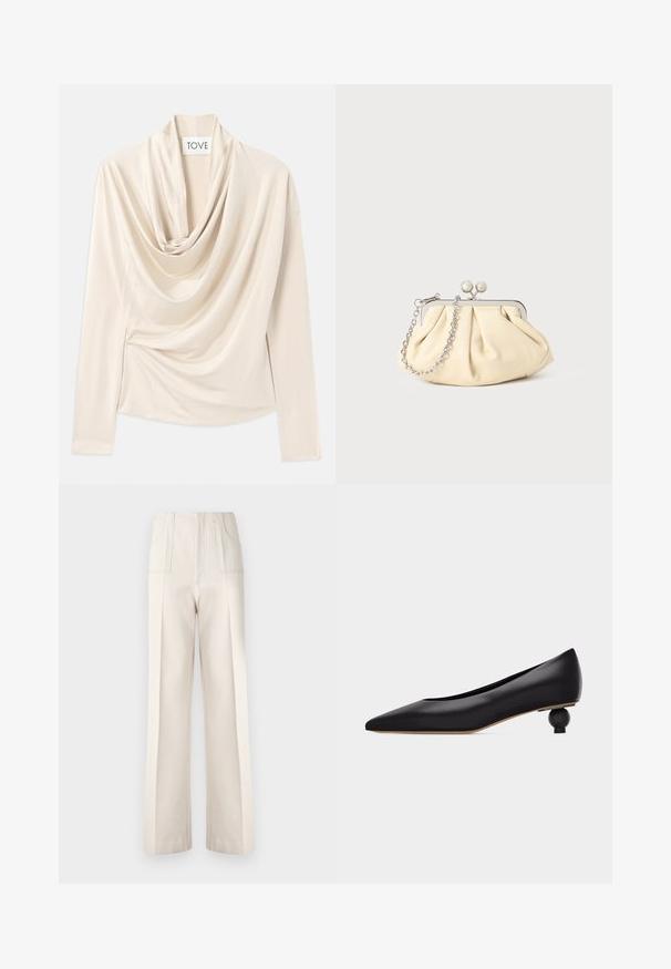 Haut beige drapé à manches longues, design à col drapé et texture douce et lisse. Maintenu à la taille avec des détails froncés subtils.; Pantalons larges beiges à taille haute, avec deux poches avant et des détails de couture visibles. Fabriqués dans un tissu lisse et léger.; Chaussure noire à bout pointu avec un talon bas unique sculpté en forme ronde et une tige en cuir lisse, vue de profil sur un fond blanc.; Pochette en cuir beige plissé avec un cadre en métal argenté, dotée de deux fermoirs ronds décoratifs et d'une chaîne en argent.