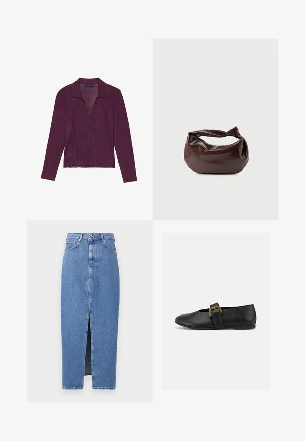 Haut à manches longues, décolleté en V profond, de couleur violet foncé, avec une texture côtelée et un col. Présente un design ajusté et une légère élasticité.; Jupe midi en denim bleu clair avec une fente avant, design classique à cinq poches et fermeture par bouton supérieur. Le tissu présente une légère texture.; Chaussure plate en cuir noir avec une large bride et une grande boucle dorée sur un fond blanc uni.; Sac bandoulière en cuir marron foncé avec une forme souple et décontractée et une anse nouée torsadée sur un fond blanc uni.