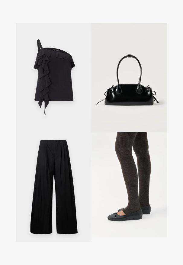 Haut noir asymétrique avec une seule bretelle et des volants qui tombent sur le devant et le long de l'encolure.; Pantalons larges noirs à taille haute, dotés de plis verticaux et d'une fermeture à bouton. Texture lisse, design minimaliste.; Jambes portant des leggings côtelés foncés associés à des ballerines noires avec de petits détails en nœud sur fond blanc.; Petit sac à main noir brillant avec deux longues anses et des détails à cordon sur les côtés sur un fond clair uni.
