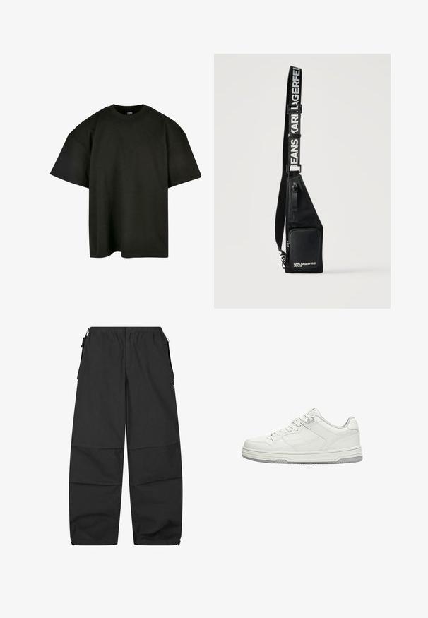 Sort oversized t-shirt i blød bomuld. Har en rund crew neckline og korte ærmer, med en glat tekstur og minimalistisk design.; Sorte bomuldsbukser med elastisk talje, to sidelommer og en afslappet pasform. Har sømme og et minimalistisk design.; Hvid lavtop sneakers med snørebånd foran, detaljeret syning og grå gummisål på hvid baggrund.; Sort crossbody taske med lynlåslomme foran og justerbar rem med teksten "KARL LAGERFELD JEANS" i hvide bogstaver.