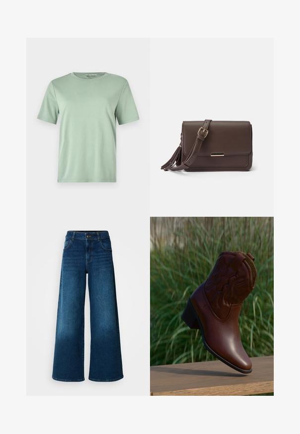 Muntgroene t-shirt met korte mouwen van zachte stof. Heeft een ronde halslijn en een relaxte pasvorm met een recht afgewerkt zoom.; Wijde jeans van donkerblauwe denim. Heeft een hoge taille, knoopsluiting en klassiek vijf-vakken ontwerp met subtiele vervaging.; Bruine leren cowboylaars met decoratief stiksel, schuin omhoog geplaatst op een houten oppervlak met een vage groene grasachtergrond.; Bruine faux leren schoudertas met een flapsluiting, gouden hardware en een zijtassel. Verstelbare schouderband voor veelzijdig gebruik.