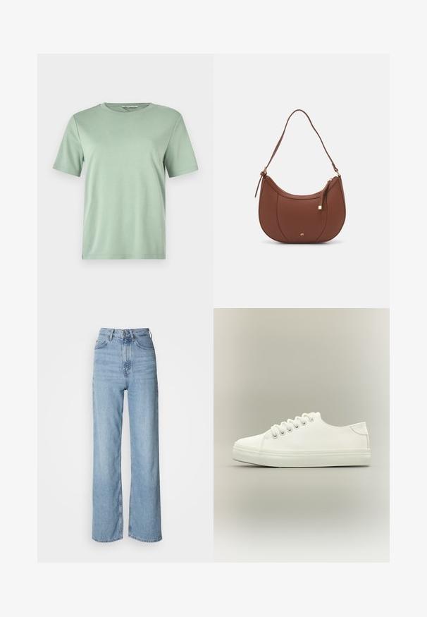 Muntgroene t-shirt met korte mouwen van zachte stof. Heeft een ronde halslijn en een relaxte pasvorm met een recht afgewerkt zoom.; Lichtblauwe high-waisted jeans met een rechte pijp, gemaakt van denim, met een sluiting aan de voorkant met knopen en subtiele vervagingdetails.; Witte lage sneaker met witte veters en rubberen zool, zijaanzicht op een neutrale achtergrond.; Bruine faux leren schoudertas met een gebogen vorm, minimale stiksels en een gouden hardware-accent. Voorzien van een bovenste ritsluiting en een verstelbare schouderband.