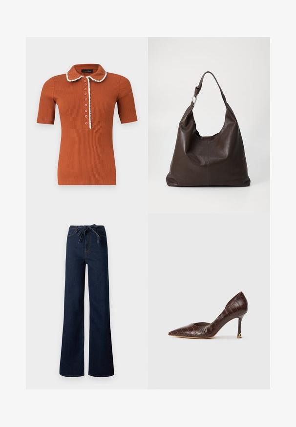Polo à manches courtes côtelé de couleur rouille avec un col arrondi et sept boutons, orné d'un liseré blanc le long du col et de la patte de boutonnage.; Jean large bleu foncé taille haute avec ceinture nouée à l'avant et style classique à cinq poches.; Chaussure à talon haut en cuir embossé crocodile marron avec un bout pointu et un talon fin, ornée d'un accent triangulaire doré.; Zign by Zalando LEATHER - Cabas - chocolate brown