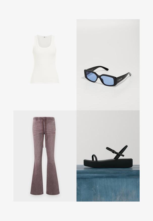 Débardeur blanc côtelé avec un décolleté ras du cou et des bretelles larges. Le tissu semble extensible et ajusté, adapté pour le superposition ou une tenue décontractée.; Pantalon flare lavé violet avec taille élastique et cordon de serrage à l'avant, doté de poches latérales et d'un logo cœur rouge subtil sur la cuisse droite.; Sandale à plateforme noire avec fines lanières et boucle, marquée "Crocs", flottant au-dessus d'un sol lisse devant un fond en verre strié.; Lunettes de soleil rectangulaires noires avec des verres bleus, dotées d'une monture épaisse et de la marque "vogue" en blanc sur les côtés. Fini brillant.