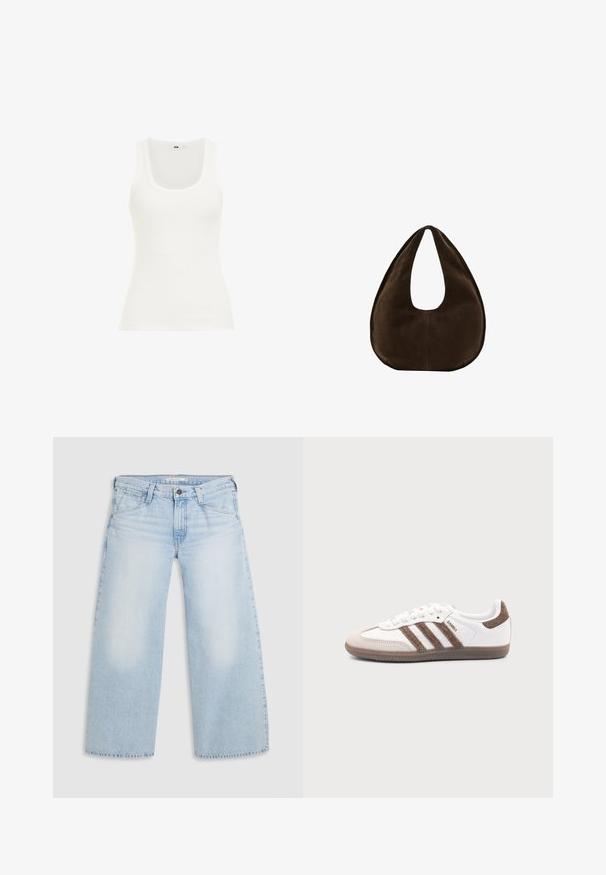 Hvid ribbet tanktop med rund halsudskæring og brede stropper. Stoffet ser strækbart og tætsiddende ud, velegnet til lag-på-lag eller afslappet brug.; Lyseblå vid nederdel jeans lavet af denim. Har lige snit, fem lommers design og knaplukning i taljen.; Hvid Adidas Samba sneaker med brune ruskindstriber, brun gummisål og beige ruskindståhætte, vist fra ydersiden på en ensfarvet baggrund.; Mørkebrun ruskind skuldertaske formet som en halvmåne med en bred rem og glat tekstur på en hvid baggrund.