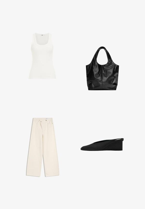 Witte geribde tanktop met een ronde hals en brede schouderbanden. De stof lijkt rekbaar en aansluitend, geschikt voor het dragen in lagen of voor casual gebruik.; Off-white wijde broek met steekzakken aan de voorkant, lussen voor een riem en zilveren knopen op de tailleband en de randen van de zakken.; Zwart leren sleehak mule schoen met puntige neus en lage, stevige hak, instapmodel.; Zwarte leren tote bag met een gladde textuur, een zachte ronde bovenkant en brede handvatten. Kenmerkt zich door minimale stiksels en een slungelige silhouet.
