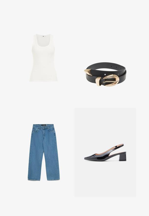 Witte geribde tanktop met een ronde hals en brede schouderbanden. De stof lijkt rekbaar en aansluitend, geschikt voor het dragen in lagen of voor casual gebruik.; Lichtblauwe wijde jeans gemaakt van denim, met een klassiek ontwerp met vijf zakken, metalen knoopsluiting en gestikte zoom.; Zwarte lakleren slingback pumps met een spits toelopende neus en een stevige blokhak, met een uitgesneden detail aan de zijkanten.; Zwarte leren riem met een goudkleurige gesp met een klau achtige vorm en spitse accenten. Meerdere gaatjes voor een verstelbare pasvorm.
