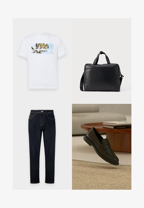 Biela bavlnená tričko so farebnou grafikou joshua stromu a modrej oblohy. Krátke rukávy, okrúhly výstrih a voľný strih.; TOM TAILOR TTJOSH REGULAR SLIM FIT - Džínsy s rovným strihom - rinsed blue denim; Čierny kožený mokasín zobrazený vo vzduchu nad béžovým tkaným kobercom, s dreveným stolom a naskladanými knihami v jemne osvetlenej obývačke.; Čierna kožená taška typu duffle s obdĺžnikovým tvarom, dvoma rukoväťami, odnímateľným ramenným popruhom a minimálnymi ozdobami.