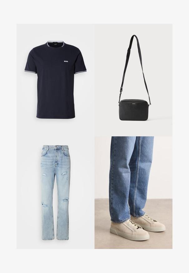 Navyn blå bomulds t-shirt med rund hals, der har hvide stribede detaljer på kraven og ærmerne samt et lille hvidt logo på brystet.; Lysvaskede denimjeans med en afslappet pasform, der har slidte områder og frynsede kanter. Stoffet har en blød, glat tekstur.; BOSS GARYTENN_SDHDEL - Sneakers - natural ten; Sort rektangulær crossbody taske med justerbar rem og BOSS-logo foran, sat mod en ensfarvet lys baggrund.