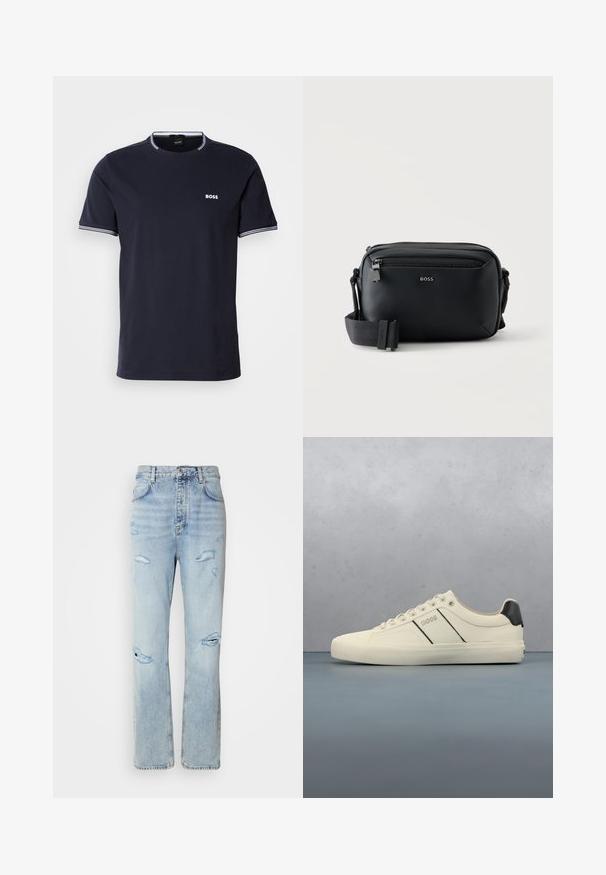 Navyn blå bomulds t-shirt med rund hals, der har hvide stribede detaljer på kraven og ærmerne samt et lille hvidt logo på brystet.; Lysvaskede denimjeans med en afslappet pasform, der har slidte områder og frynsede kanter. Stoffet har en blød, glat tekstur.; Cremefarvede sneakers med en glat tekstur, der har sorte accenter og branding. Klassisk snørebåndsdesign med rund tå og gummisål.; Sort læder crossbody-taske med lynlåslomme foran og justerbar stofrem, mærket med "BOSS" logo foran.