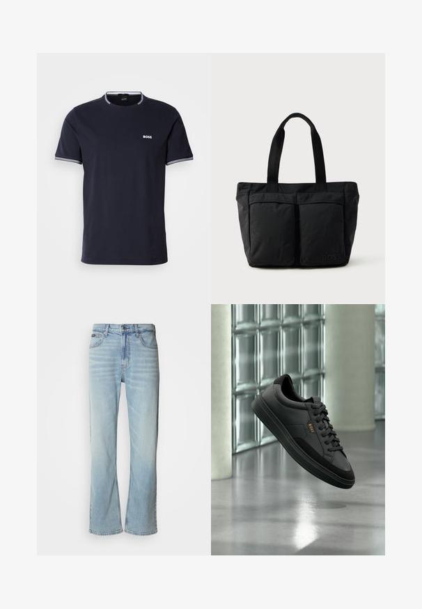 T-shirt en coton bleu marine avec un col rond, présentant des accents rayés blancs sur le col et les manches, et un petit logo blanc sur la poitrine.; Jeans en denim bleu clair avec une coupe droite, dotés de cinq poches, d'une fermeture à bouton et d'une légère décoloration sur le tissu.; Sneaker basse en cuir noir avec lacets noirs et logo "BOSS" doré, affichée en suspension devant un mur en blocs de verre et un sol gris.; Sac fourre-tout noir en tissu doux, avec deux poches avant et des anses robustes. Logo affiché sur le côté. Design simple et fonctionnel.