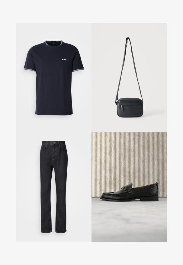 T-shirt en coton bleu marine avec un col rond, présentant des accents rayés blancs sur le col et les manches, et un petit logo blanc sur la poitrine.; Jean en denim noir taille haute avec fermeture à bouton et à glissière, poches avant et arrière, et coupe droite.; Mocassin en cuir noir avec mors en métal doré et logo "HUGO", présenté sur un tapis beige et un meuble translucide marron.; Sac bandoulière noir avec une poche zippée à l'avant, surface texturée et bandoulière réglable suspendu sur un fond clair uni.