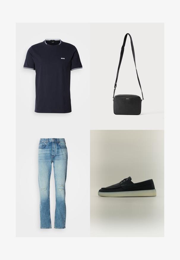 Navyn blå bomulds t-shirt med rund hals, der har hvide stribede detaljer på kraven og ærmerne samt et lille hvidt logo på brystet.; Kvinders mid-rise blå jeans med falmet vask, slidte huller på begge knæ, lige ben og klassisk fem-lomme design.; Sort læder casual bådsko med hvid gummisål og snørebånd foran, vist i sideprofil på neutral baggrund.; Sort rektangulær crossbody taske med justerbar rem og BOSS-logo foran, sat mod en ensfarvet lys baggrund.
